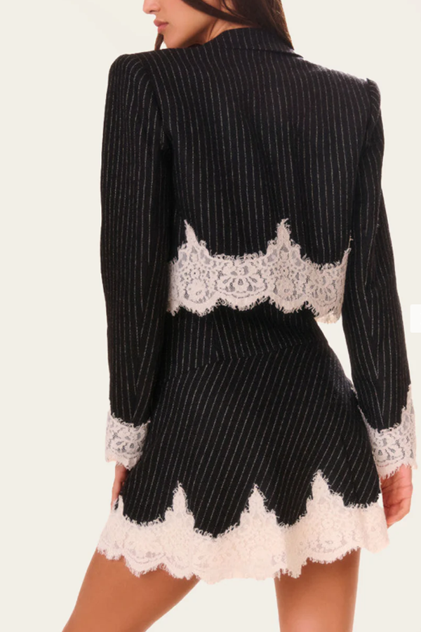 Emily in Paris Striped Lace Trim Lapel Crop Loose Blazer
