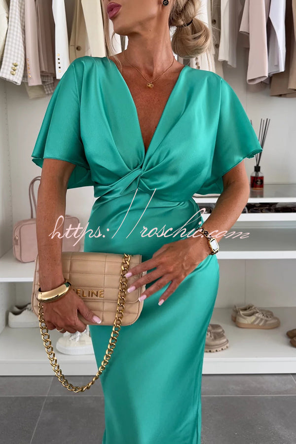 Satin Solid Color V-neck Cross Knot Slim Maxi Dress
