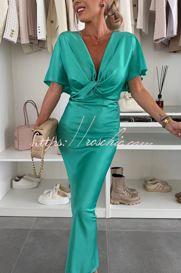Satin Solid Color V-neck Cross Knot Slim Maxi Dress