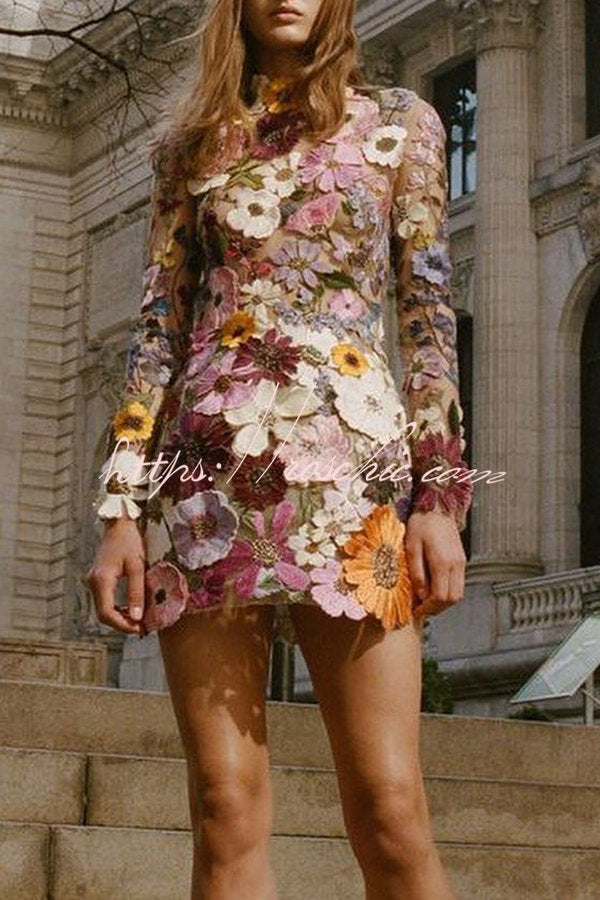 Elegantly Enchanted Floral Applique Backless Long Sleeve Mini Dress