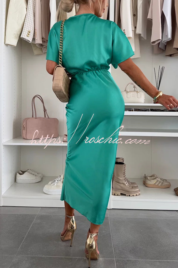 Satin Solid Color V-neck Cross Knot Slim Maxi Dress