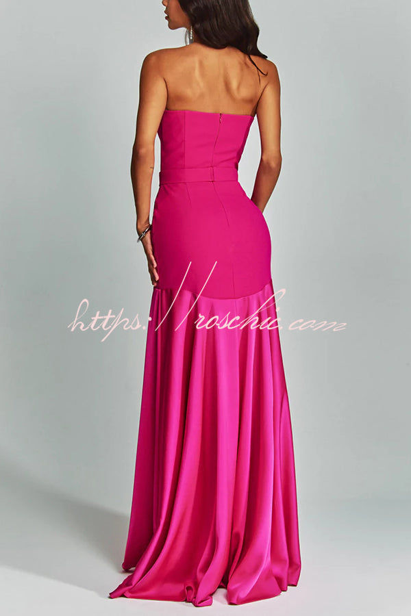 Mermaid Style Off Shoulder Sheer V-neck Satin Hem Party Maxi Dress