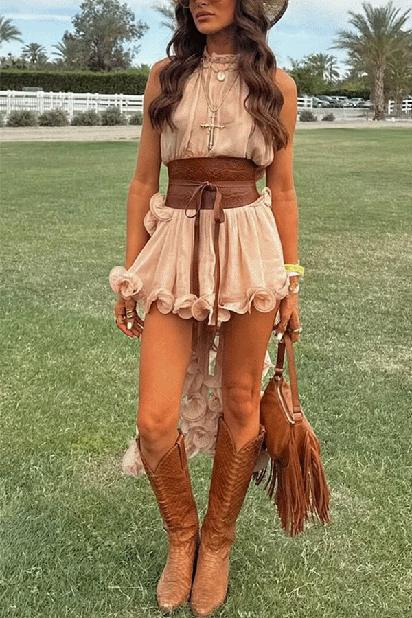 Romantic Drama Chiffon Wavy Ruffles Halter Irregular A-line Top (Shipped Within 24 Hours)