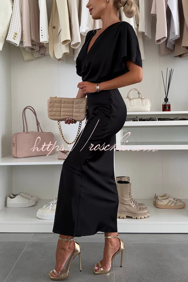 Satin Solid Color V-neck Cross Knot Slim Maxi Dress