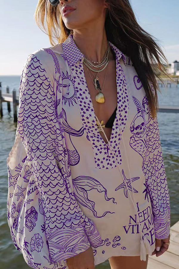 Live By Water Satin Unique Letter Print Tassle Shirt and Elastic Waist Shorts Set (Shipped Within 24 Hours)